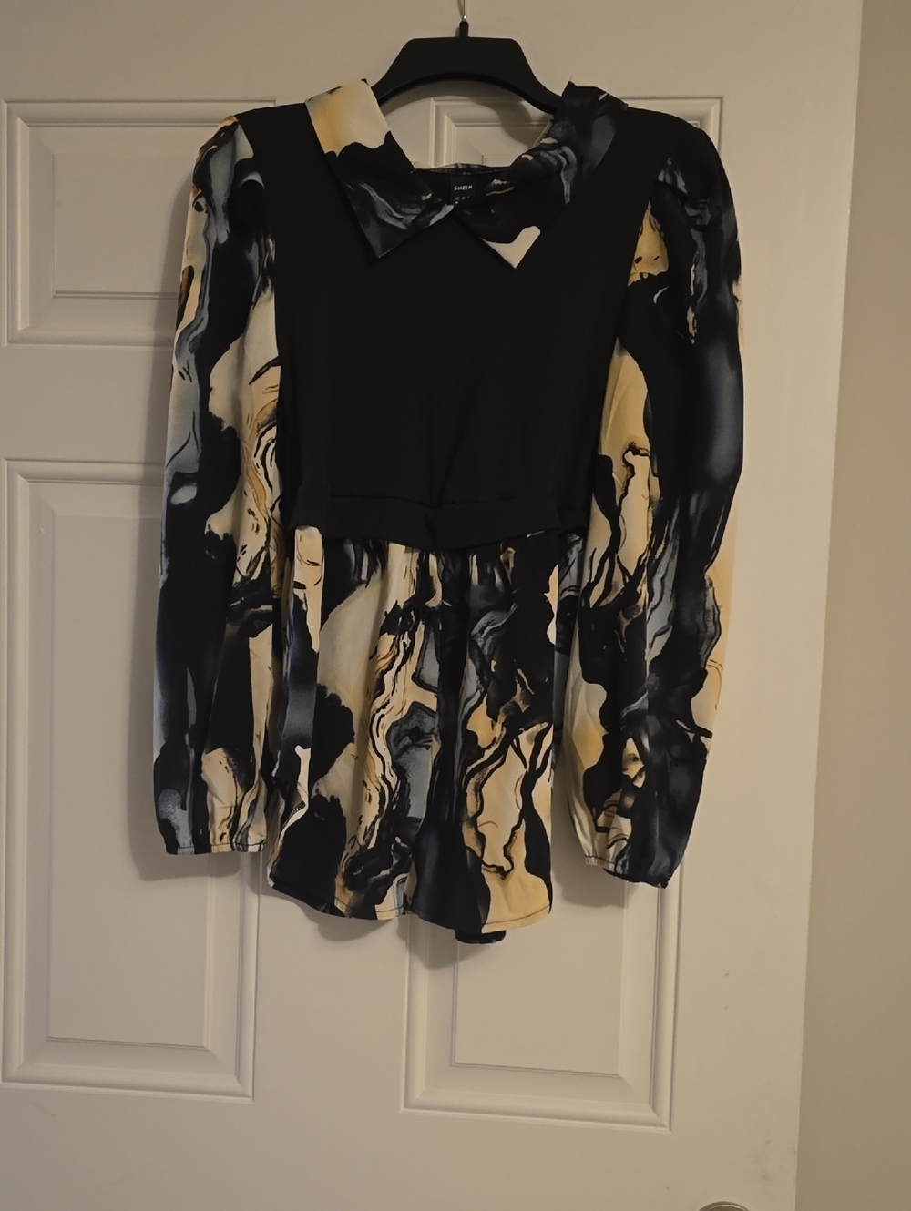 Black & Marble Print Long Sleeve Peplum Blouse
